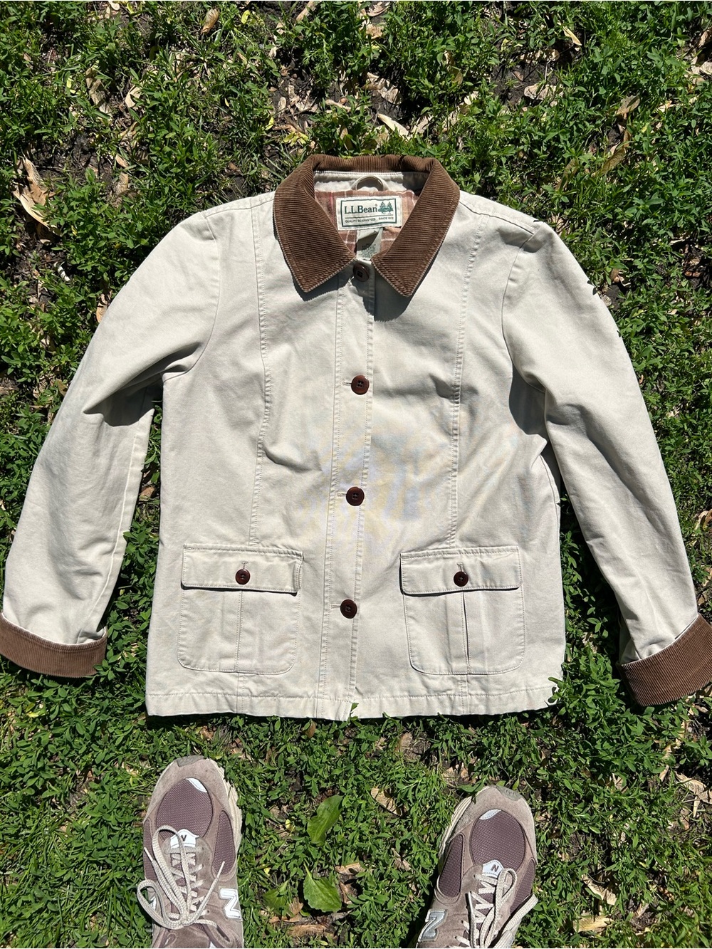 L.L. Bean Tan Canvas Lined Jacket with Brown Corduroy Collar